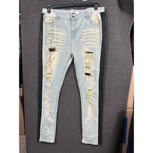 DNA Premium Jeans Mens 40 Light Wash Distressed Ripped Black Sequin Stripe Denim